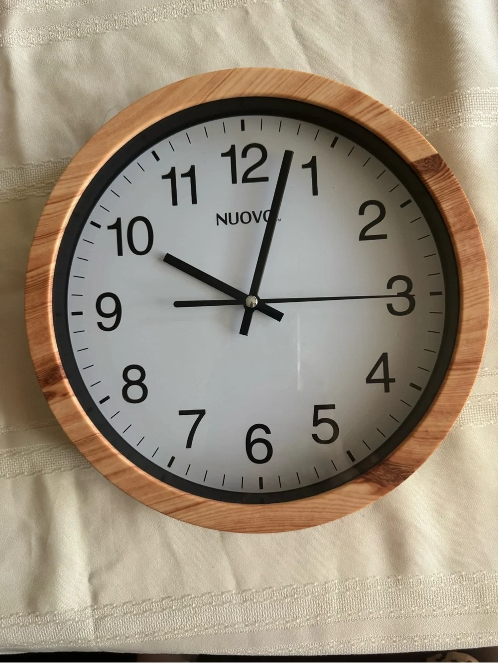NUOVO Wall Clock with White Face and Wood-Tone Frame 10 inch